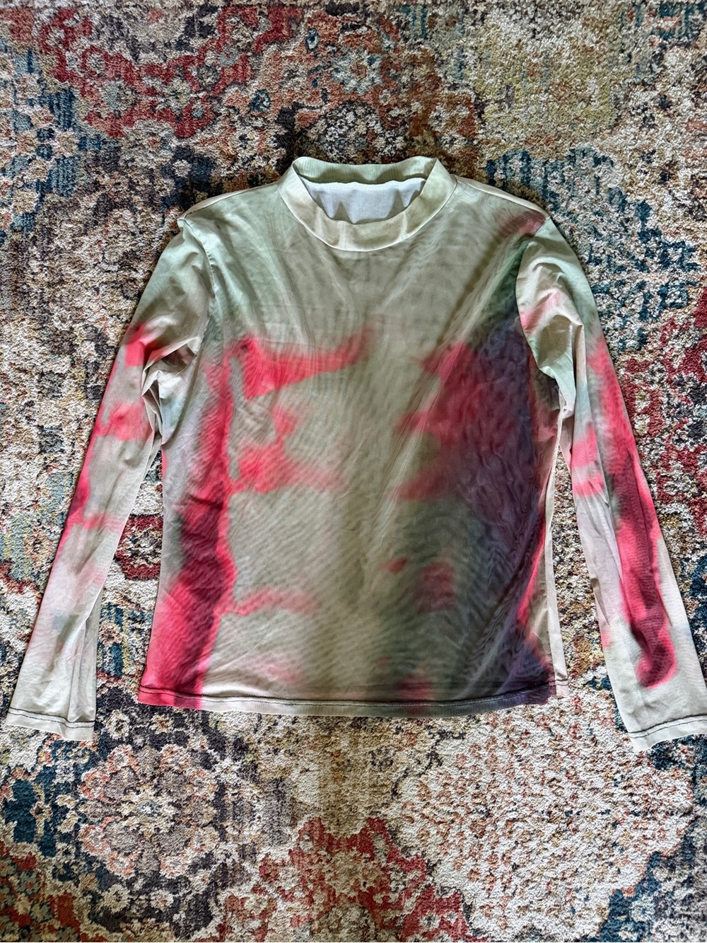 Tie-Dye Long Sleeve Mesh Top — Olive Green & Burnt Orange